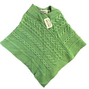 NWT Aran‎ Crafts Kids Green Marl Merino Wool Poncho L Made in Ireland Cable Knit